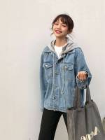 Light Wash Regular Fit Long Sleeve Drawstring Women Denim 9022