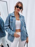 Oversized Long Sleeve Ripped Collar Women Denim Jackets  Coats 7711