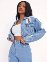 Ripped Long Sleeve Crop Casual Women Denim Jackets  Coats 16