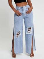 Long Light Wash Ripped Women Denim 3413