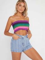  Regular Fit Light Wash Striped Women Denim Shorts 9380