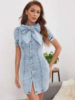  Light Wash Tie Neck Plain Women Denim Dresses 673