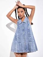  Button Front Sleeveless Short Women Denim 2903