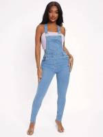 Light Wash Straps Skinny Women Denim Overalls  Jumpsuits 3553