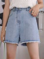 Loose Raw Hem Light Wash Plain Women Denim Shorts 287