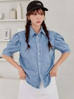 Short Sleeve Regular Fit Light Wash Button Front Women Clothing 2497