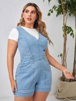 Casual Button Plain Plus Size Denim Overalls 1645