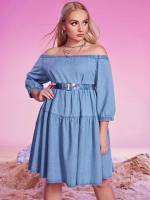 Knee Length Regular Fit Casual Ruffle Hem Plus Size Denim Dresses 1664