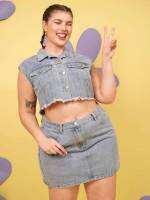 Casual Button Light Wash Plus Size Denim Two-piece Outfits 9267