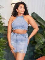 Sleeveless Slim Fit Light Wash Plus Size Denim Two-piece Outfits 7580