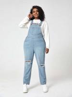  Light Wash Preppy Plain Plus Size Denim Overalls 750