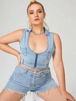 Sleeveless Casual Scoop Neck Regular Fit Plus Size Denim Tops 6992