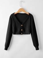 Crop Button Front V neck Long Sleeve Girls Cardigans 4697