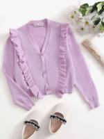 Long Sleeve Regular Fit Lilac Purple V neck Girls Knitwear 9381