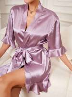 Half Sleeve Elegant Lilac Purple Belted Women Sleepwear 3549