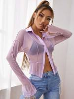 Plain Lilac Purple Sheer Collar Women Tops, Blouses  Tee 2209