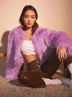  Lilac Purple Regular Fit Glamorous Women Faux Fur Coats 2254