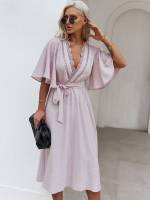 Scallop Elegant Half Sleeve Lilac Purple Women Dresses 153