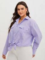 Long Lilac Purple Pocket Plus Size Blouses 9494