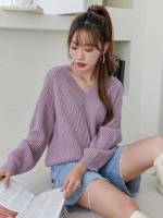 V neck Long Sleeve Lilac Purple Regular Fit Women Sweaters 642