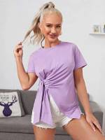 Lilac Purple Casual Round Neck Short Sleeve Women Clothing 115