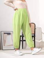 Regular Fit Plain Cropped Lime Green Plus Size Bottoms 1282