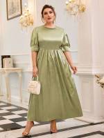  Lime Green Round Neck Plain Plus Size Wedding Party Wear 7461