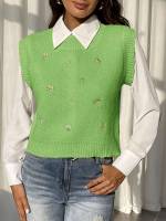 Regular Fit Embroidery Casual Women Sweater Vests 4185