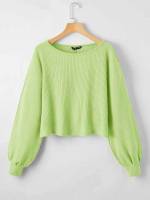 Crop Rib-Knit Lime Green Round Neck Women Clothing 944