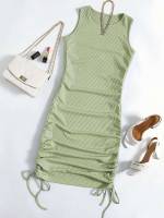 Short Drawstring Lime Green Slim Fit Women Dresses 9855