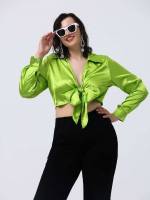 Regular Fit Plain Lime Green Collar Plus Size Women Tops 841