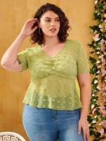 V neck Casual Regular Lime Green Plus Size Tops 13