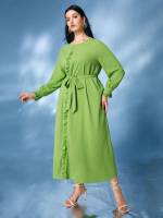 Lime Green Belted Round Neck Plain Women Plus Clothing 5129