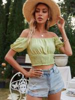 Regular Fit Off the Shoulder Boho Lime Green Women Clothing 790