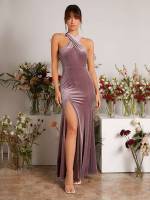 Halter Glamorous Slim Fit Maroon Weddings  Events 828