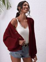 Button Front Regular Maroon Plain Women Cardigans 3302