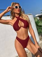 Halter  Maroon Women Swimwear 4825