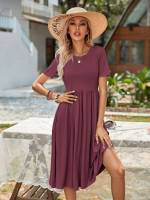  Short Sleeve Regular Fit Round Neck Women Dresses 4098