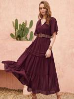 Ruffle Hem Maroon Maxi Women Dresses 1042