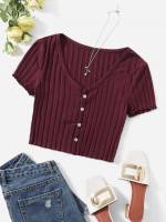 Maroon Lettuce Trim Short Sleeve Slim Fit Women Clothing 403