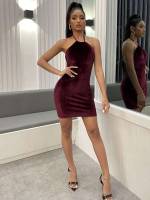 Sexy Mini Halter Maroon Women Dresses 2572