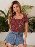 Short Sleeve Maroon Regular Fit Scallop Women Clothing 6724