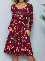 Scoop Neck Maroon Floral Short Women Dresses 8619