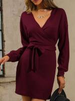 Plain Wrap Long Sleeve Maroon Women Dresses 7361