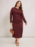 Round Neck Regular Fit Elegant Maroon Plus Size Dresses 193