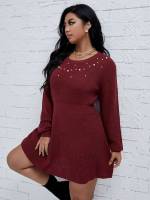 Elegant Maroon Plain Short Plus Size Sweater Dresses 630