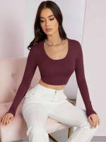 Crop Plain Long Sleeve Women T-Shirts 6915