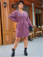 Casual Long Sleeve Plain Mauve Purple Plus Size Sweater Dresses 3436