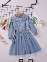 Cute Regular Fit Long Sleeve Embroidery Girls Denim Dresses 5511