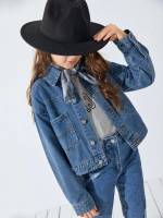 Medium Wash Plain Regular Fit Girls Denim Jackets  Coats 7422